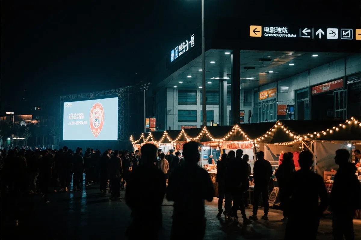 费城球迷广场夜景：大屏观赛人群、步行指示牌与公共交通入口